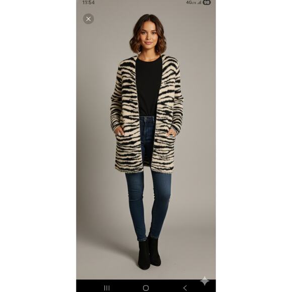 Soft Fuzzy Zebra Print Long Open Front Cardigan - Picture 2 of 8